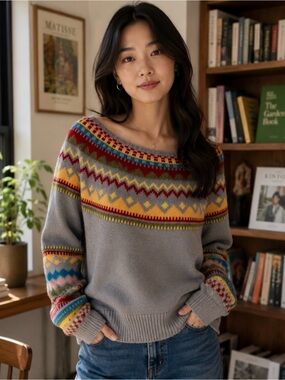 Gray Fair Isle Off-the-Shoulder Sweater with Multicolor Yoke